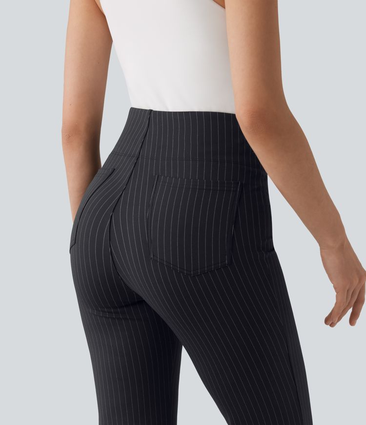 High Waisted Stripe Flare Work Pants with Pockets