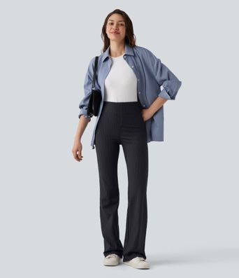 High Waisted Stripe Flare Work Pants with Pockets