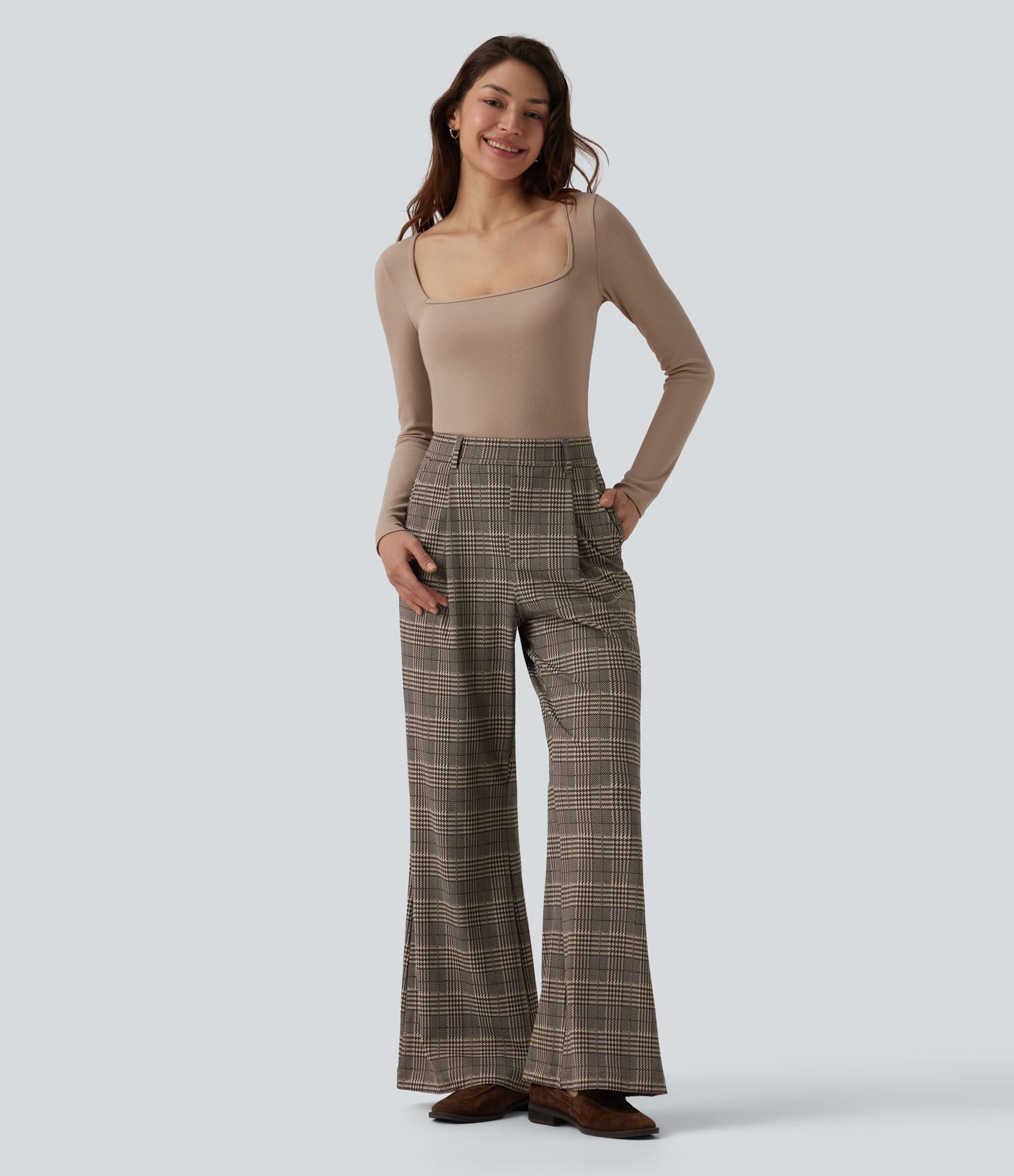 Halara Flex™ High Waisted Plaid Work Flare Pants with Pockets