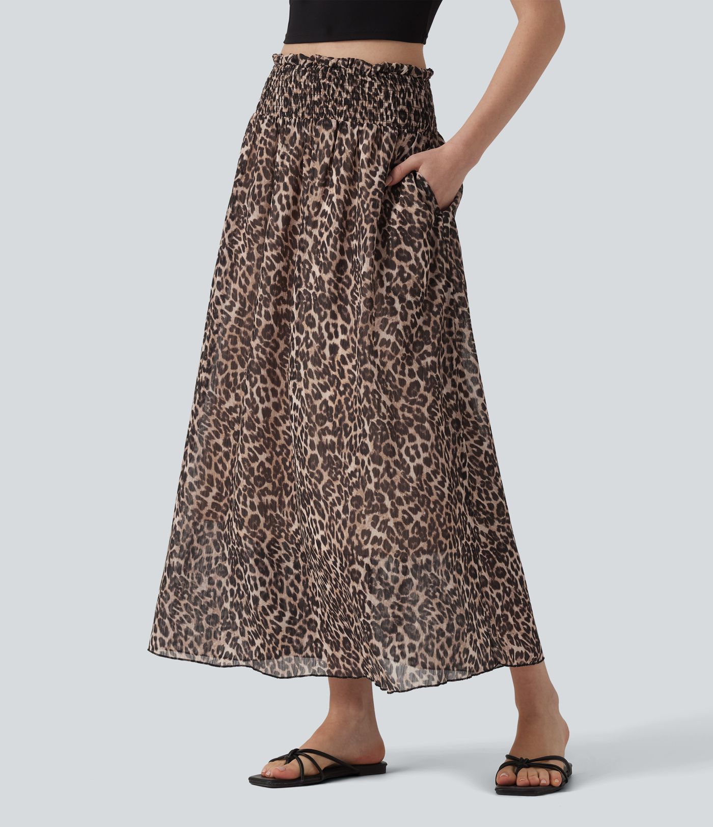 Jupe midi fluide décontractée taille haute avec poches