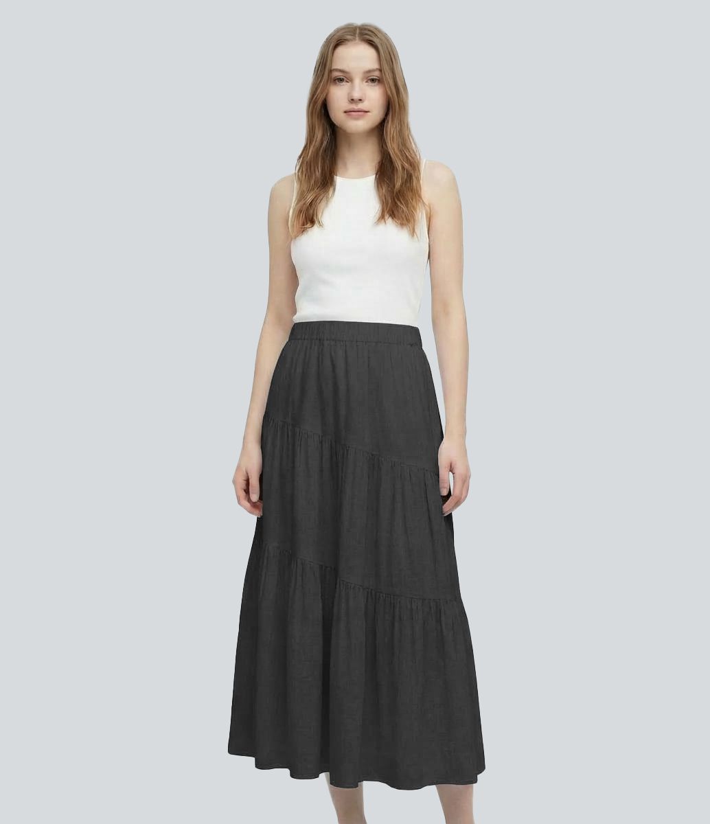 Jupe midi décontractée à volants étagés taille mi-haute