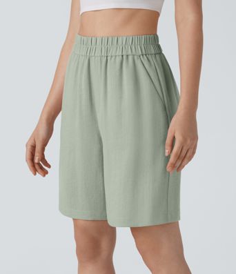 High Waisted Pocket Casual Linen-Feel Bermuda Shorts