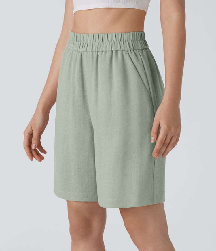 High Waisted Pocket Casual Linen-Feel Bermuda Shorts