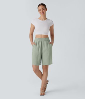 High Waisted Pocket Casual Linen-Feel Bermuda Shorts