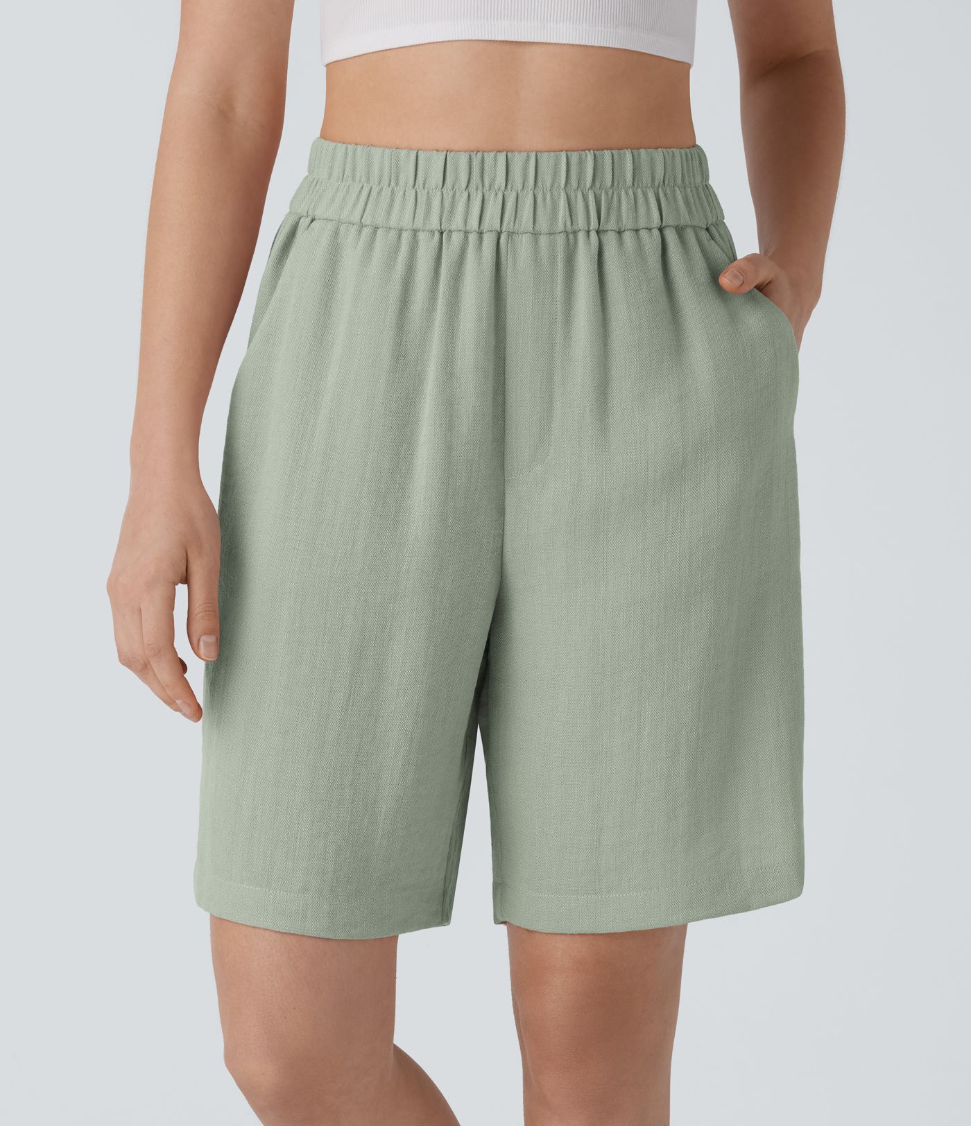 High Waisted Pocket Casual Linen-Feel Bermuda Shorts