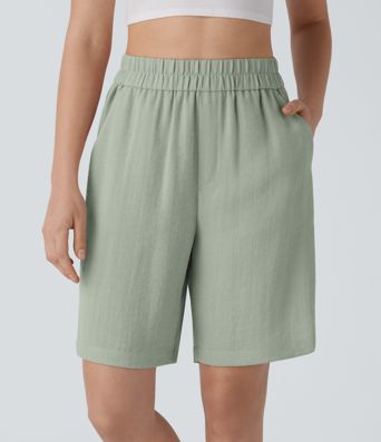 High Waisted Pocket Casual Linen-Feel Bermuda Shorts