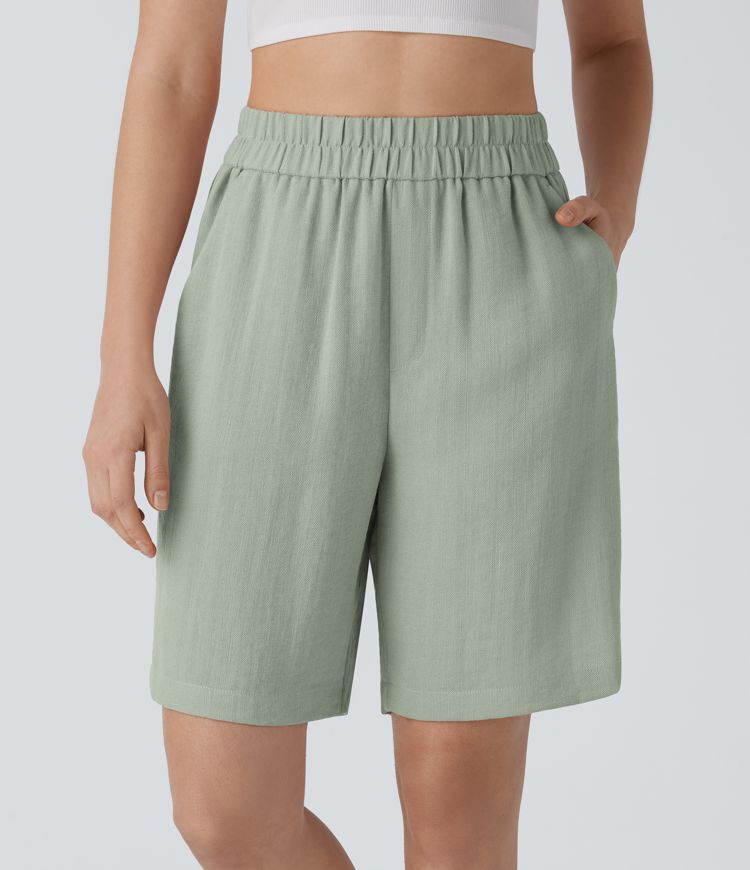 High Waisted Pocket Casual Linen-Feel Bermuda Shorts