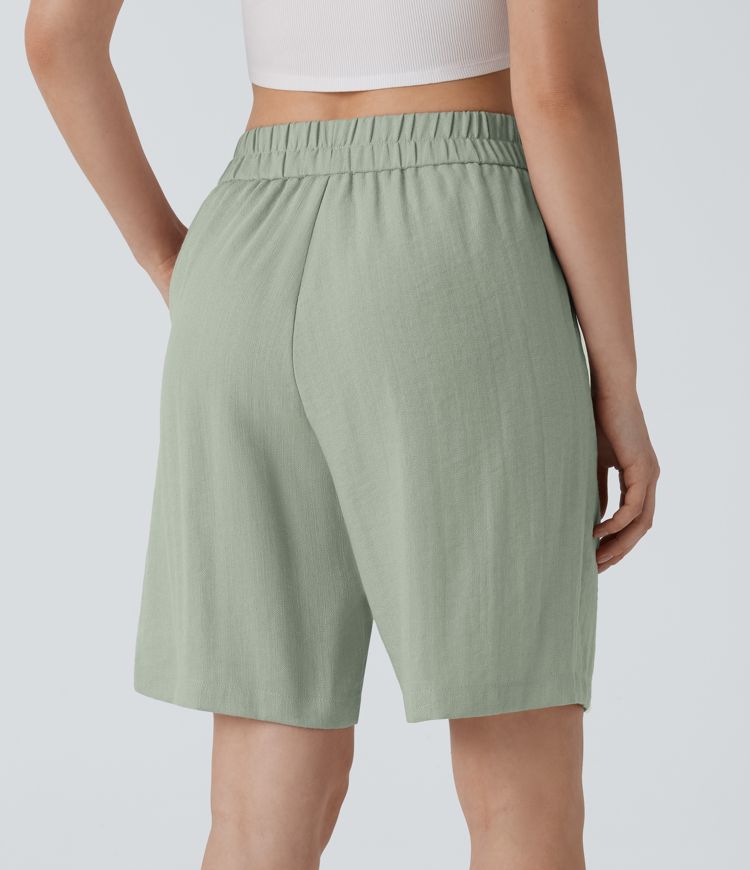 High Waisted Pocket Casual Linen-Feel Bermuda Shorts