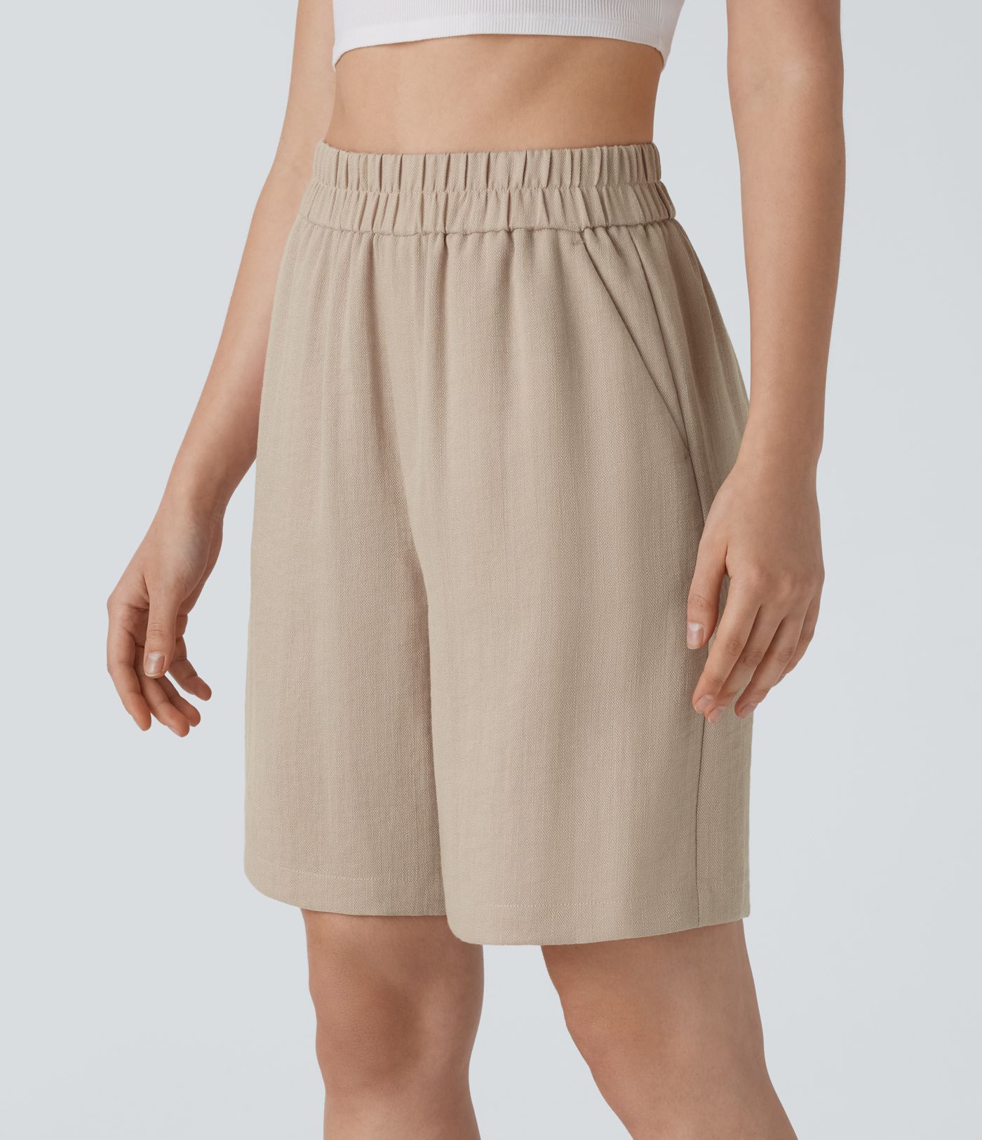 High Waisted Pocket Casual Linen-Feel Bermuda Shorts