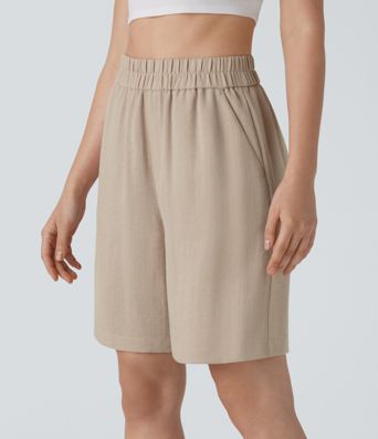 High Waisted Pocket Casual Linen-Feel Bermuda Shorts
