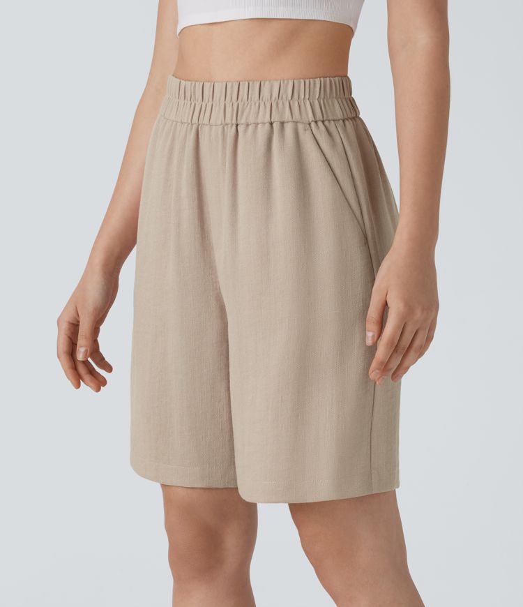 High Waisted Pocket Casual Linen-Feel Bermuda Shorts