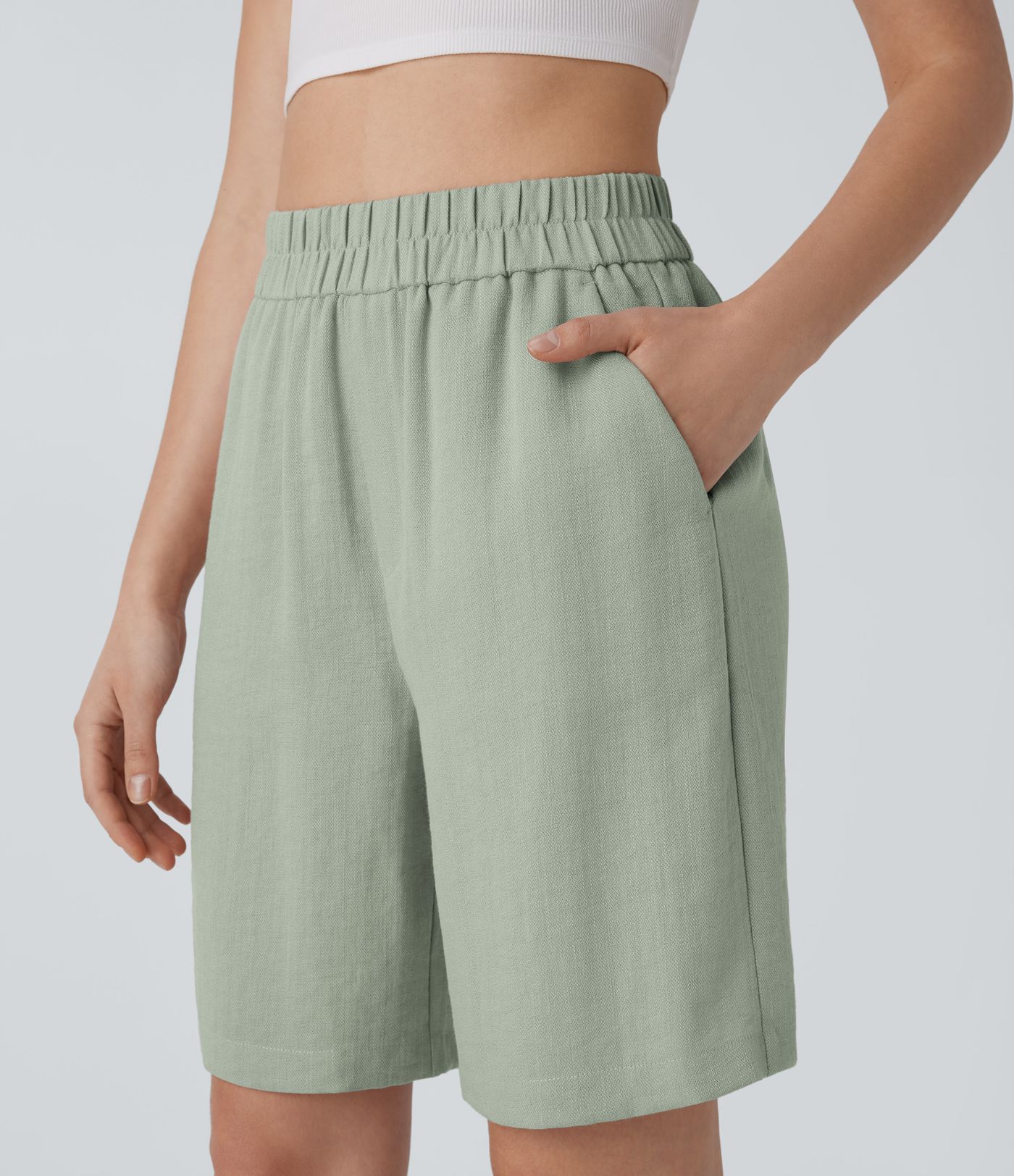 High Waisted Pocket Casual Linen-Feel Bermuda Shorts