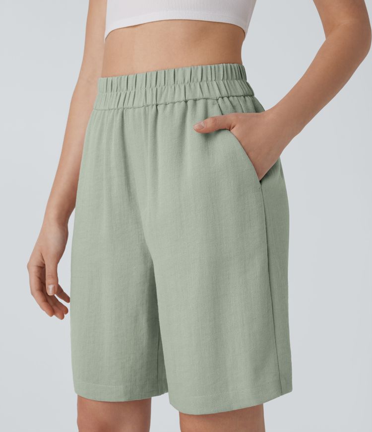 High Waisted Pocket Casual Linen-Feel Bermuda Shorts