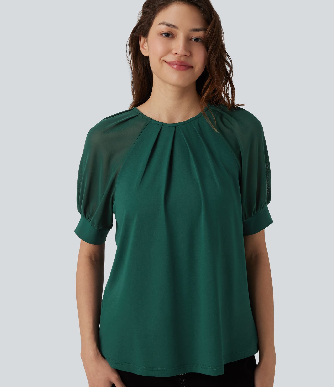 Round Neck Short Sleeve Casual Blouse-Front and Back Wearable