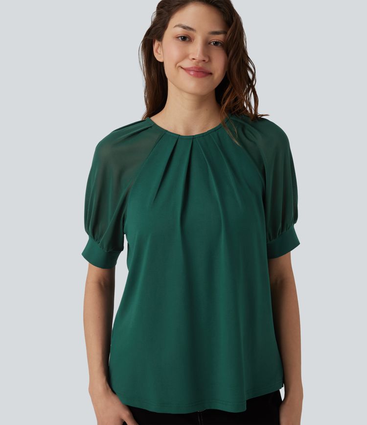 Round Neck Short Sleeve Casual Blouse-Front and Back Wearable