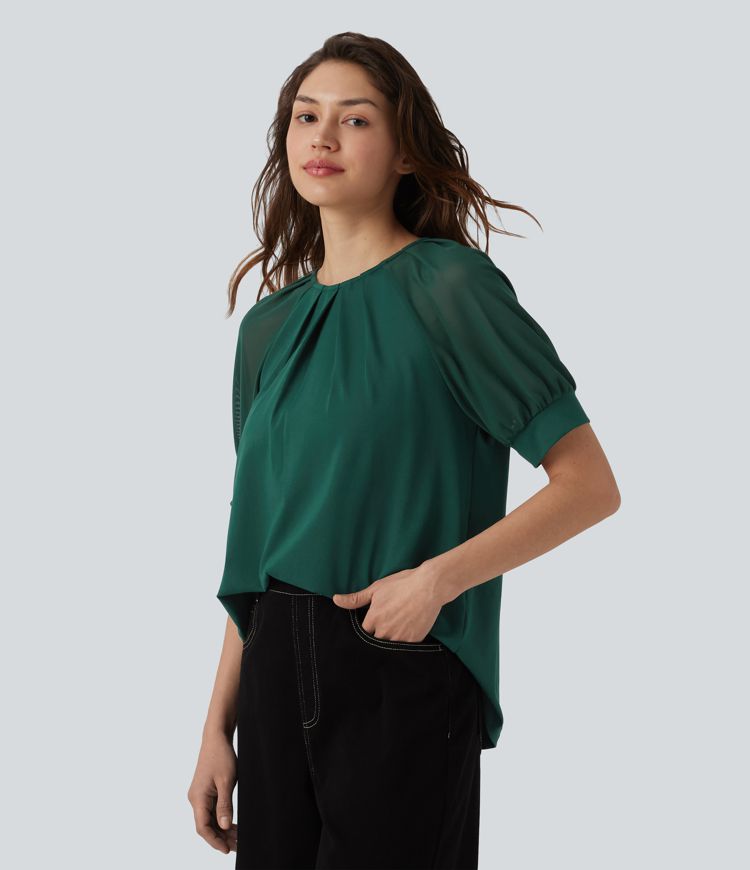 Round Neck Short Sleeve Casual Blouse-Front and Back Wearable