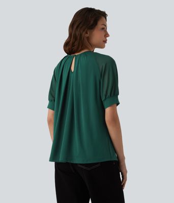 Round Neck Short Sleeve Casual Blouse-Front and Back Wearable
