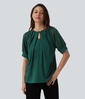 Round Neck Short Sleeve Casual Blouse-Front and Back Wearable