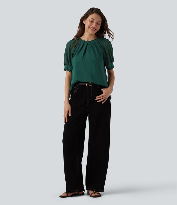 Round Neck Short Sleeve Casual Blouse-Front and Back Wearable