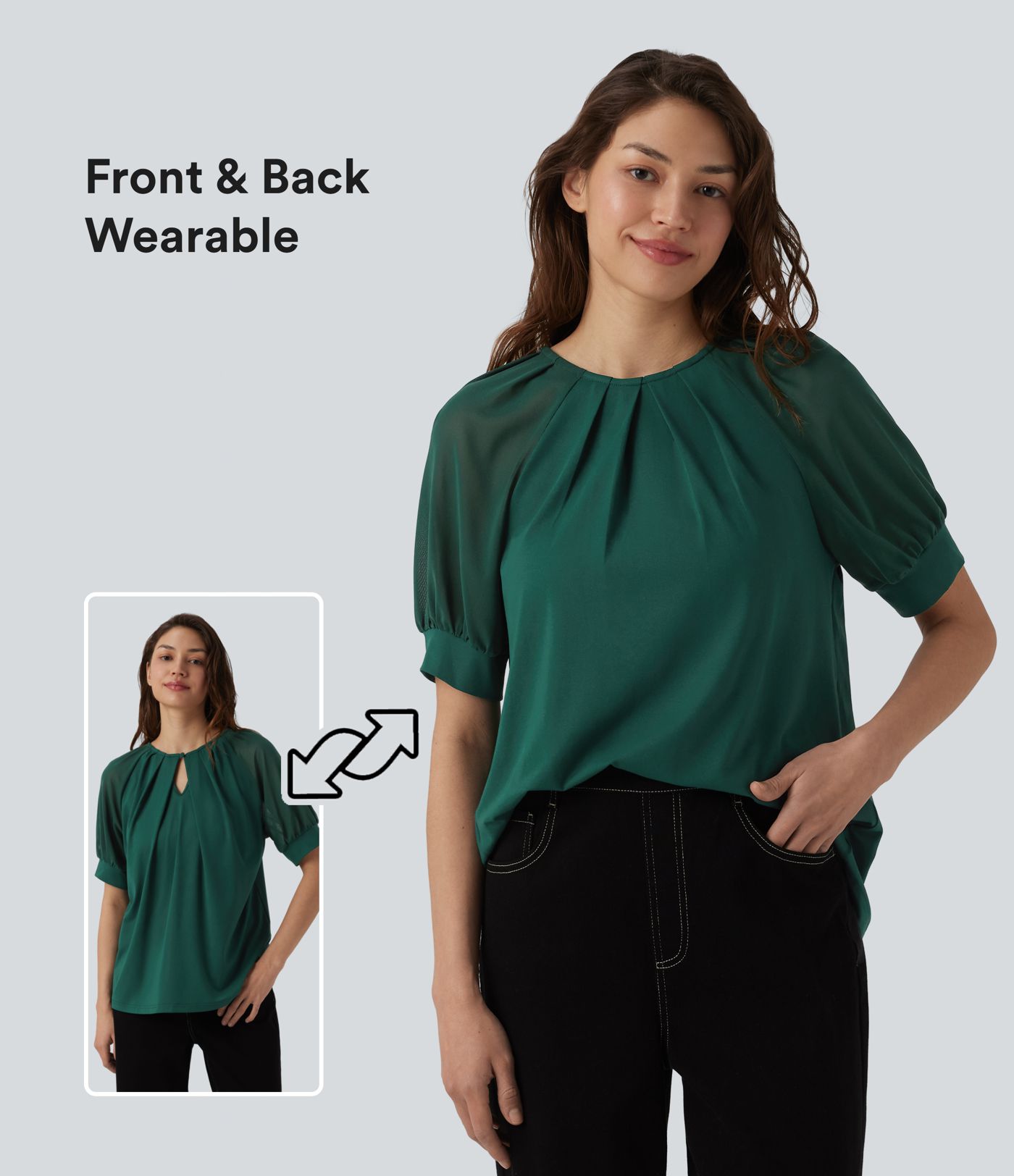 Round Neck Short Sleeve Casual Blouse-Front and Back Wearable