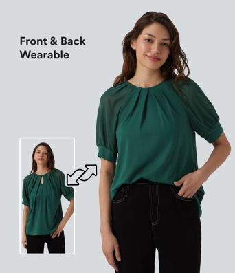Round Neck Short Sleeve Casual Blouse-Front and Back Wearable