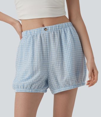 Short décontracté aspect lin à carreaux taille mi-haute avec poches