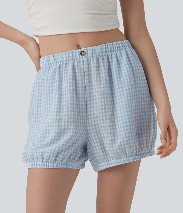 Short décontracté aspect lin à carreaux taille mi-haute avec poches