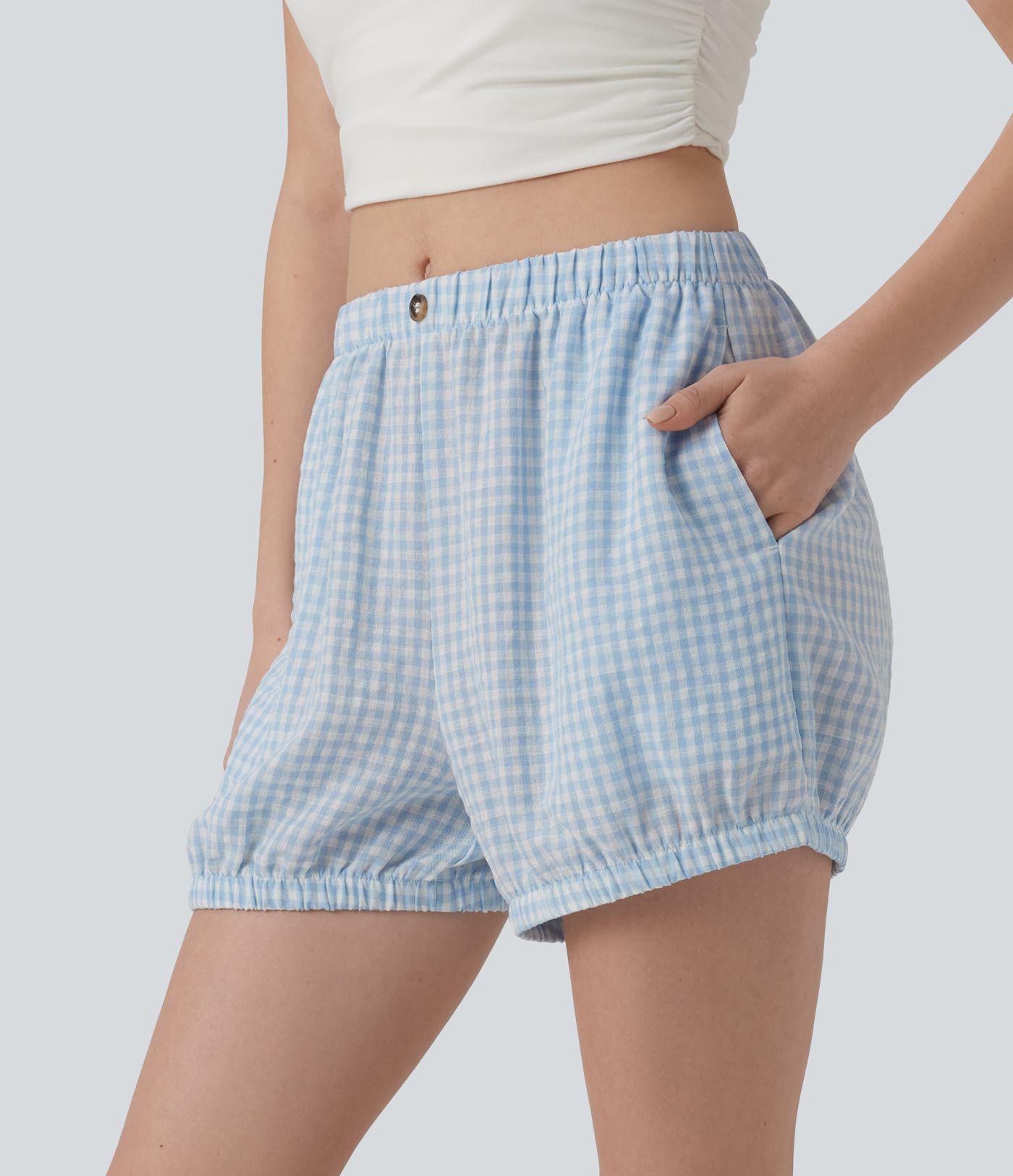 Short décontracté aspect lin à carreaux taille mi-haute avec poches