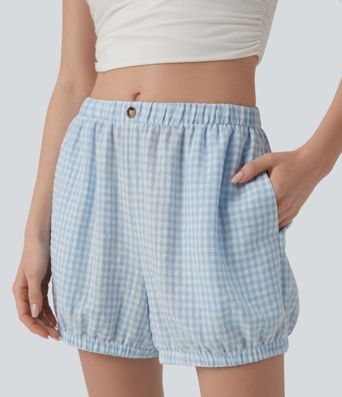 Short décontracté aspect lin à carreaux taille mi-haute avec poches