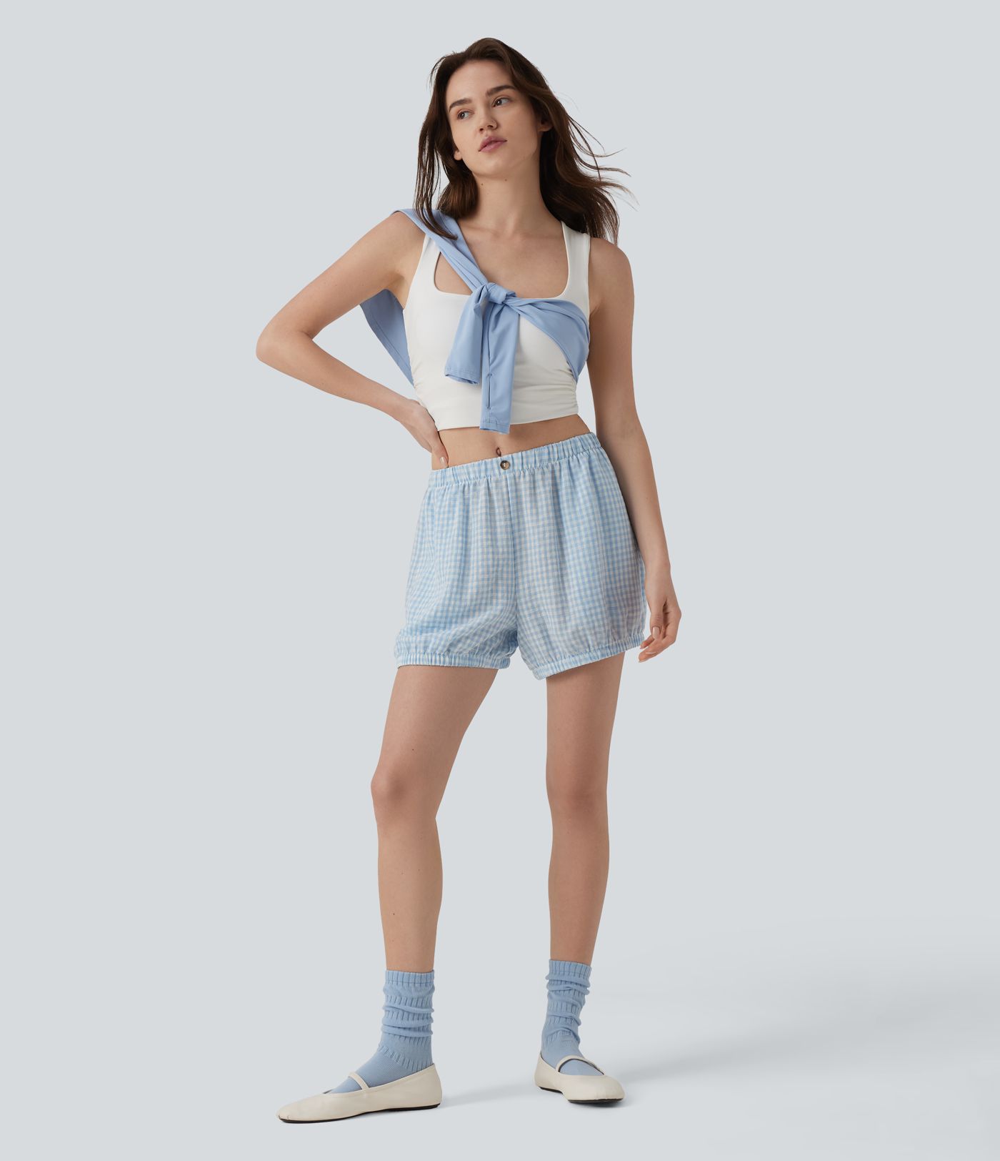 Short décontracté aspect lin à carreaux taille mi-haute avec poches