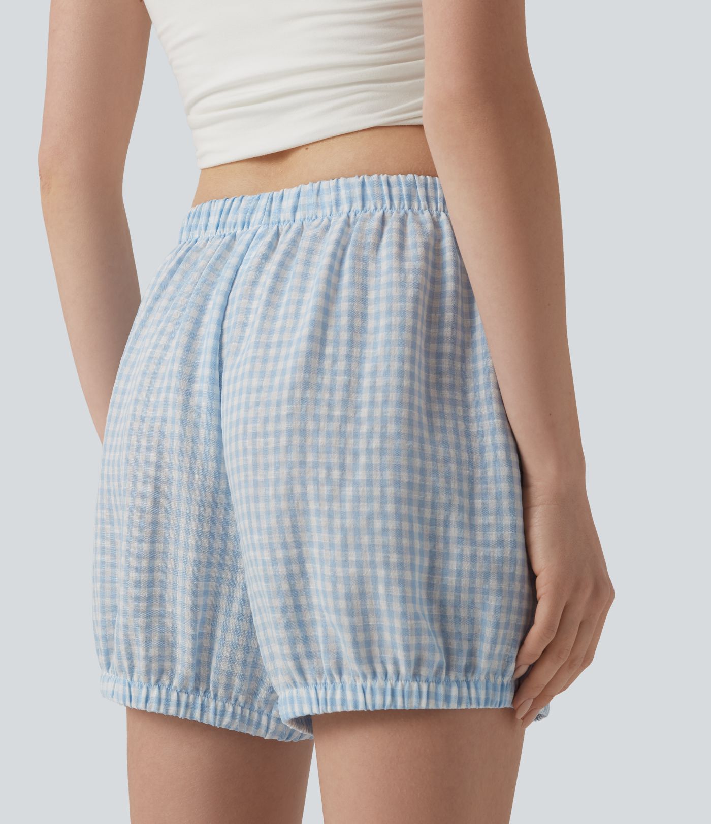 Short décontracté aspect lin à carreaux taille mi-haute avec poches