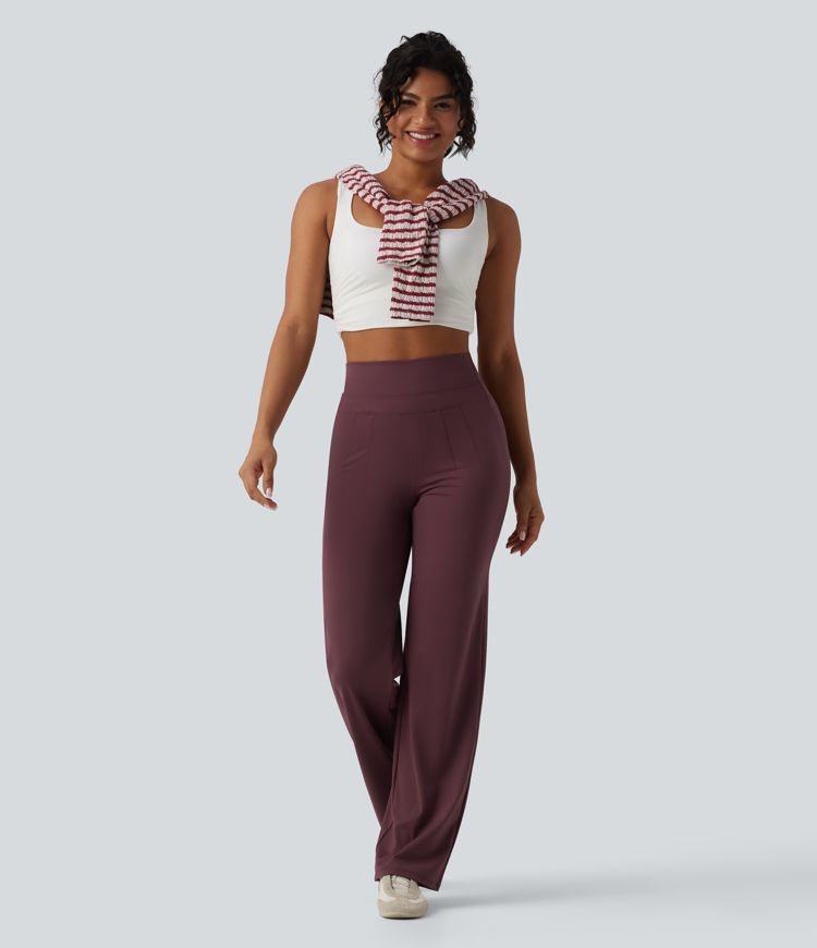 High Waisted Tummy Control Cool Touch Quick Dry Casual Straight Leg Pants with Pockets