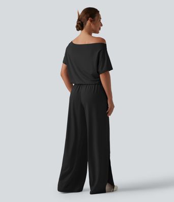 One-shoulder Short Sleeve Split Hem Casual Jumpsuit with Pockets-Easy Peezy