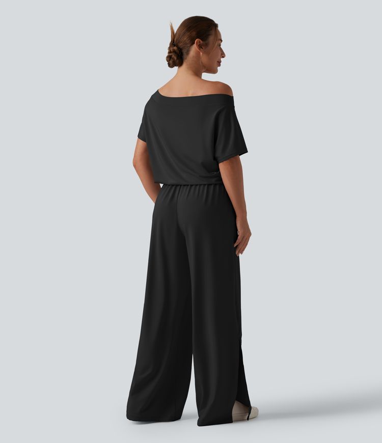 One-shoulder Short Sleeve Split Hem Casual Jumpsuit with Pockets-Easy Peezy