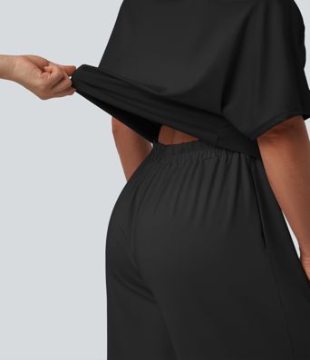 One-shoulder Short Sleeve Split Hem Casual Jumpsuit with Pockets-Easy Peezy