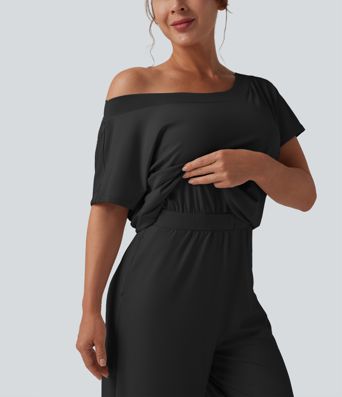 One-shoulder Short Sleeve Split Hem Casual Jumpsuit with Pockets-Easy Peezy