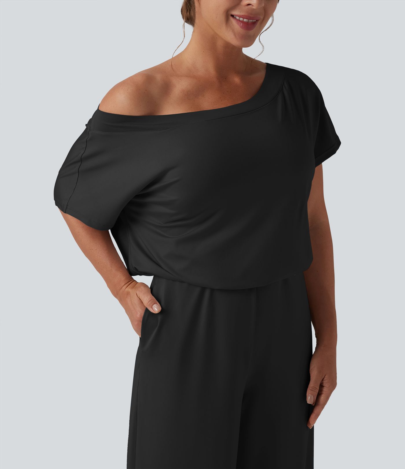 One-shoulder Short Sleeve Split Hem Casual Jumpsuit with Pockets-Easy Peezy