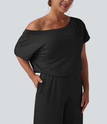 One-shoulder Short Sleeve Split Hem Casual Jumpsuit with Pockets-Easy Peezy