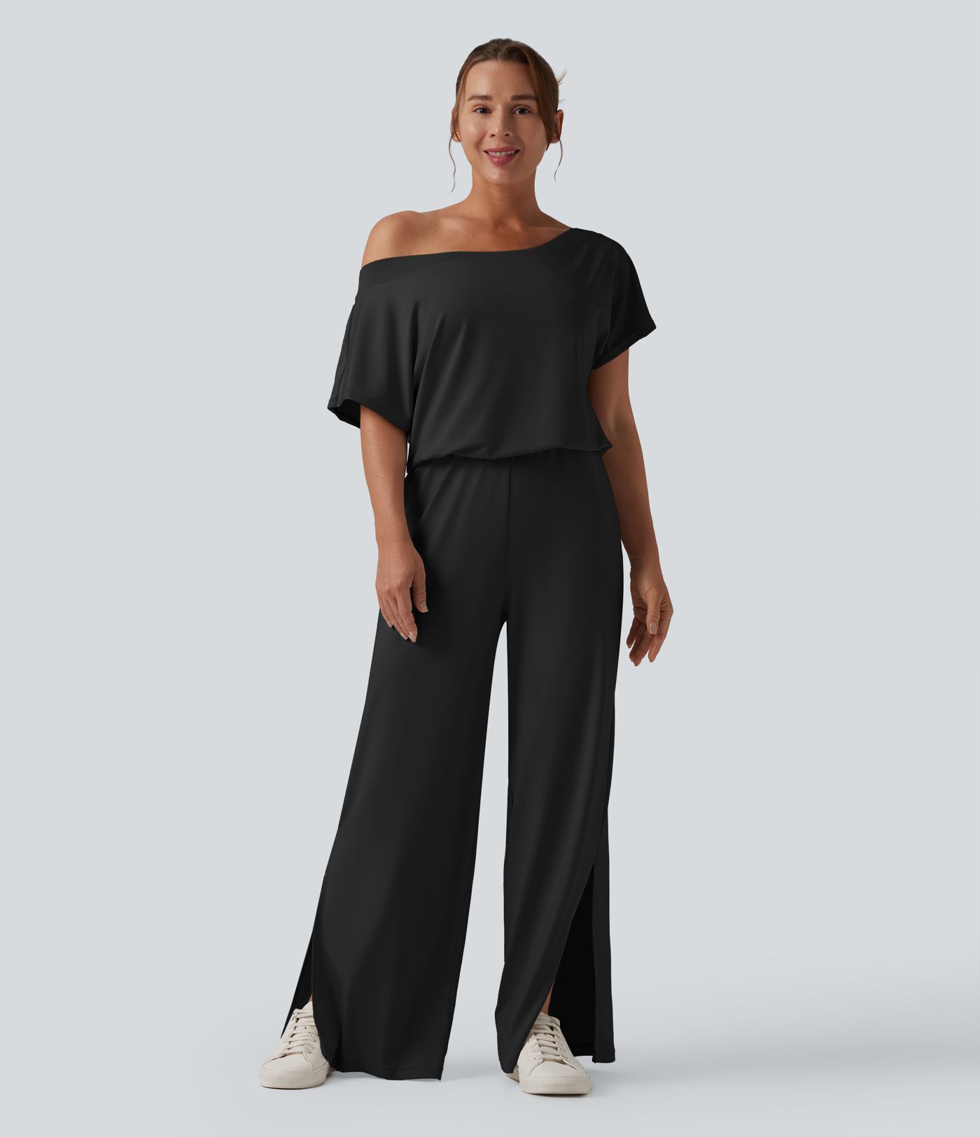 One-shoulder Short Sleeve Split Hem Casual Jumpsuit with Pockets-Easy Peezy