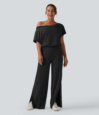 One-shoulder Short Sleeve Split Hem Casual Jumpsuit with Pockets-Easy Peezy