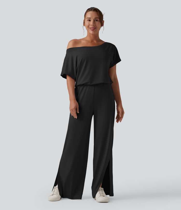 One-shoulder Short Sleeve Split Hem Casual Jumpsuit with Pockets-Easy Peezy