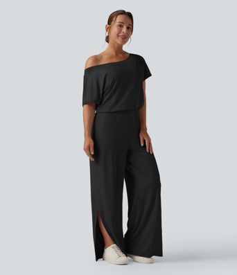 One-shoulder Short Sleeve Split Hem Casual Jumpsuit with Pockets-Easy Peezy
