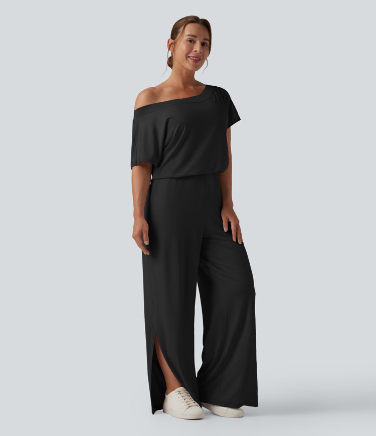 One-shoulder Short Sleeve Split Hem Casual Jumpsuit with Pockets-Easy Peezy