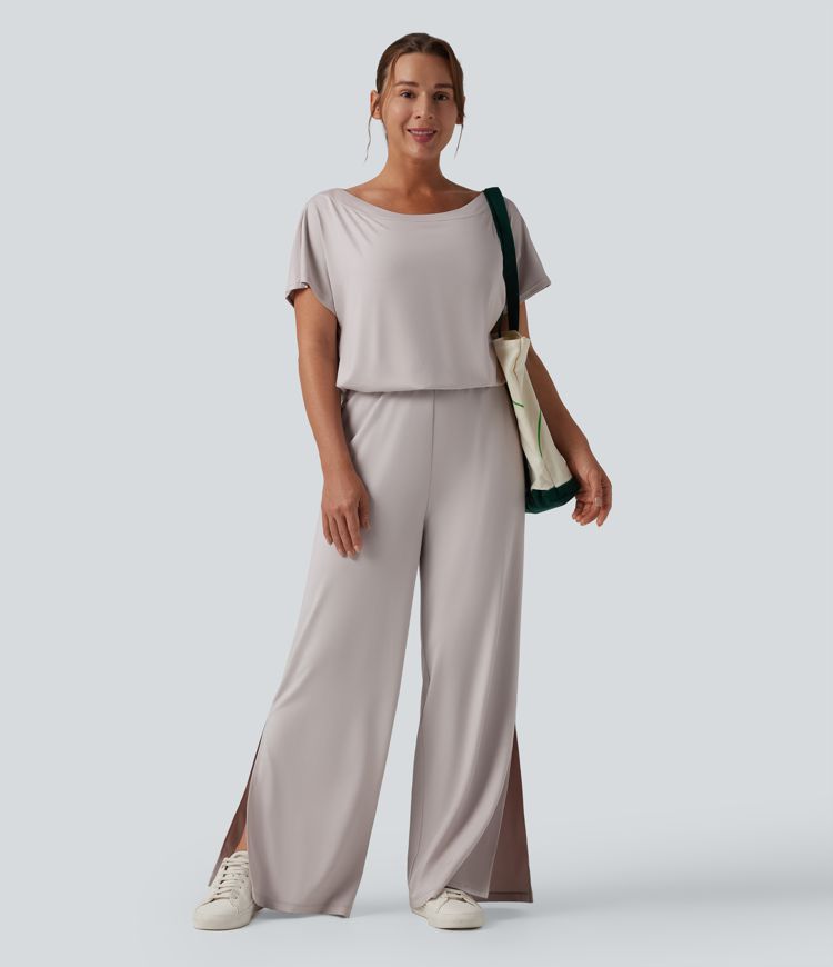 Mono casual de un solo hombro con manga corta, abertura en el bajo y bolsillos — ¡Súper fácil!