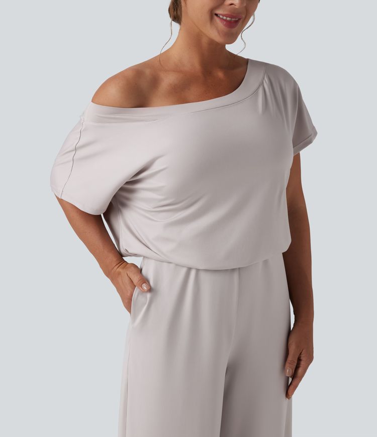 Mono casual de un solo hombro con manga corta, abertura en el bajo y bolsillos — ¡Súper fácil!