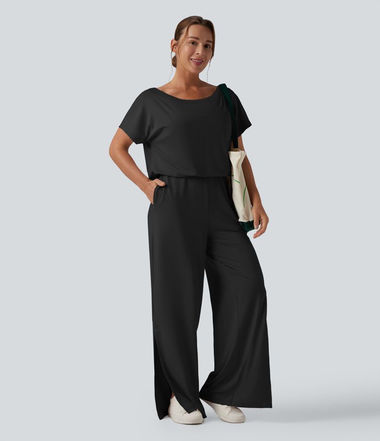 One-shoulder Short Sleeve Split Hem Casual Jumpsuit with Pockets-Easy Peezy