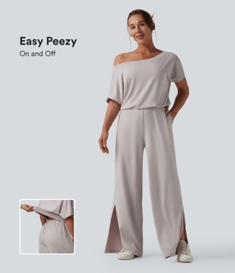 Mono casual de un solo hombro con manga corta, abertura en el bajo y bolsillos — ¡Súper fácil!