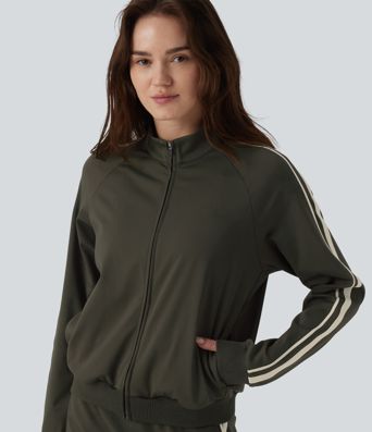 DayStretch Stand Collar Color Block Stripes Workout Jacket with Pockets