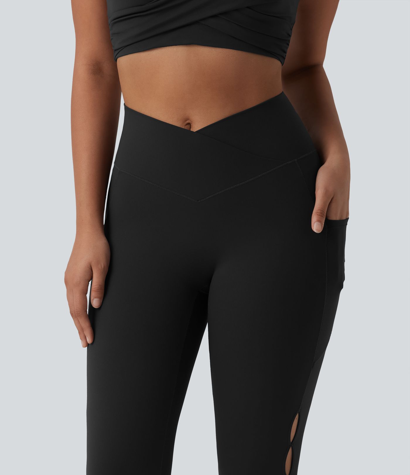 SoftlyZero™ Crossover High Waisted Cut-out Yoga 7/8 Leggings with Pockets-UPF50+