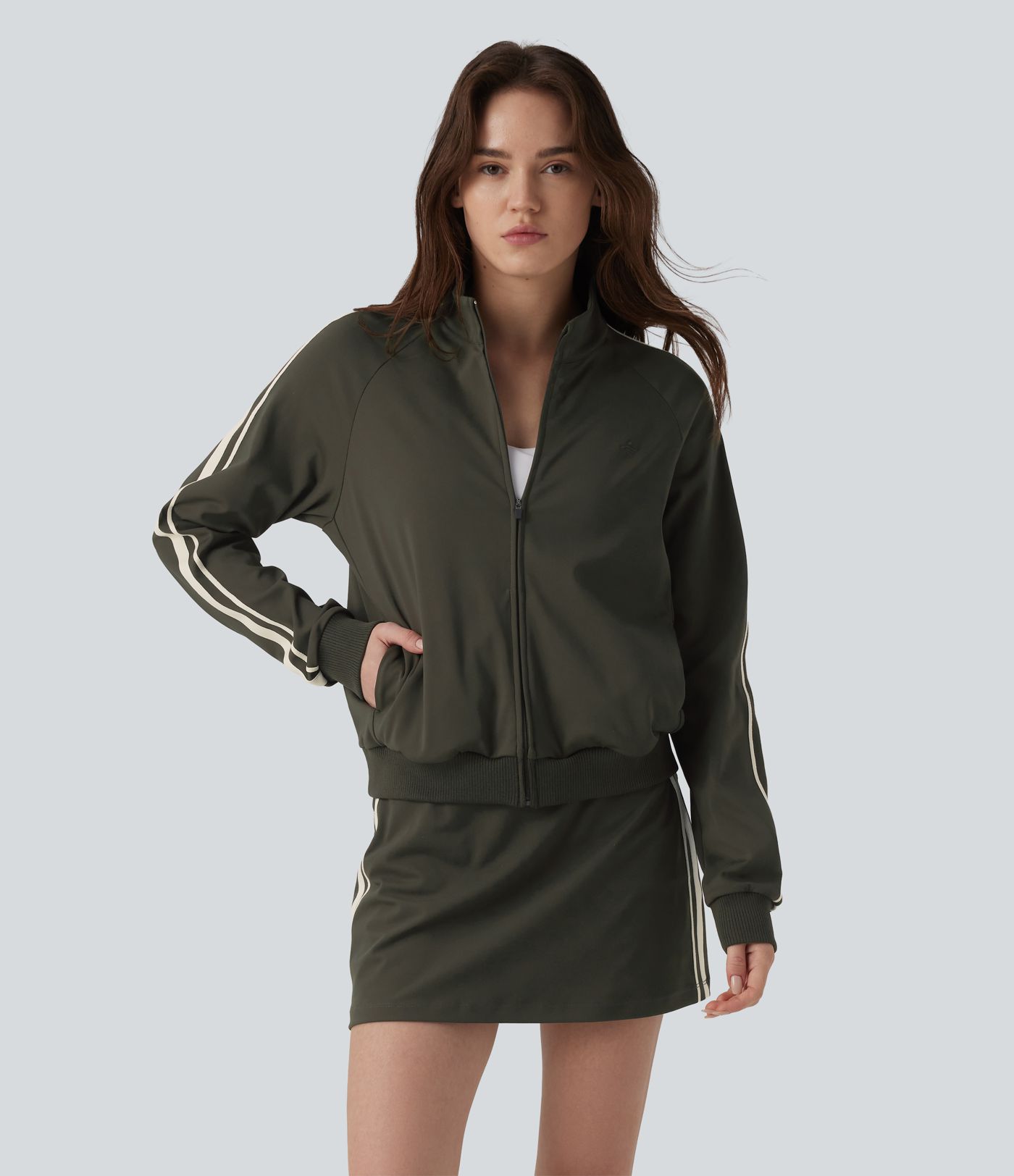 DayStretch Stand Collar Color Block Stripes Workout Jacket with Pockets